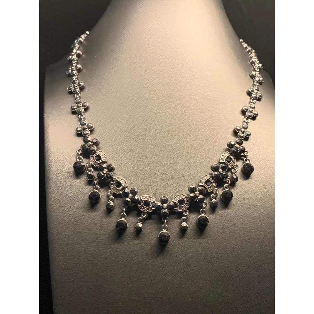 Gunmetal Black Crystal Floral Bib Statement Necklace Gothic Fringe Drop 0156